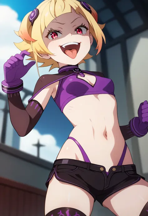 masterpiece, best quality, good quality, newest, CEL, AnFit, red eyes, blonde hair, purple crop top, 1girl, tongue out, black thighhighs, looking at viewer, purple gloves, cowboy shot, short shorts, black shorts, small breasts, highleg panties, hair orname...