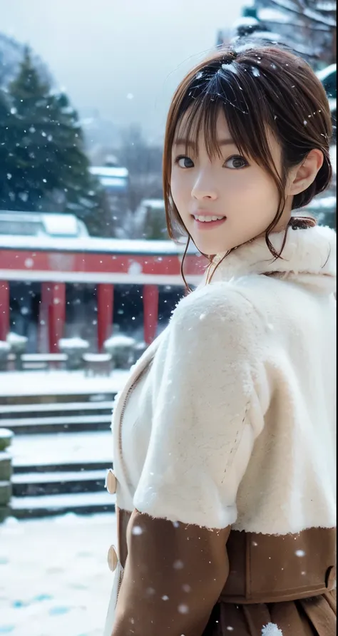 (8k,  RAW photos ,  photorealistic, HQ, masterpiece), Cute Japanese girl,(Shining Eyes), 
( LIGHT SMILE:0.4), Brown Hair,  Fluffy Pixie Bob Hair,  Big Breasts, (Midwinter clothes, muffler , duffle coat,Long skirt with tights and sneakers), 
 standing posit...