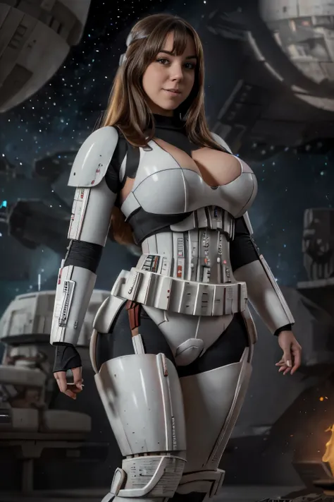 beautiful thick tween victoria, star wars, sexy costume, spaceship, stormtrooper, armor, big breasts, cleavage, curvy body, large hips, thick legs, scifi, realistic, cinematic, highly detailed vfx portrait, 8k