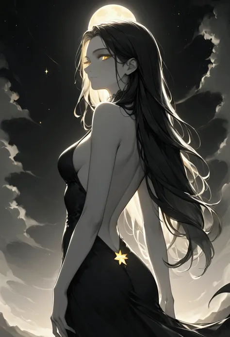 score_9, score_8_up, score_7_up, score_6_up, score_5_up, score_4_up, (black and white art: 1.5) mostly black and white, a picture of a beautiful woman, long hair, wearing black silk dress, with yellow glowing stars on it, backless dress, small cleavage, it...