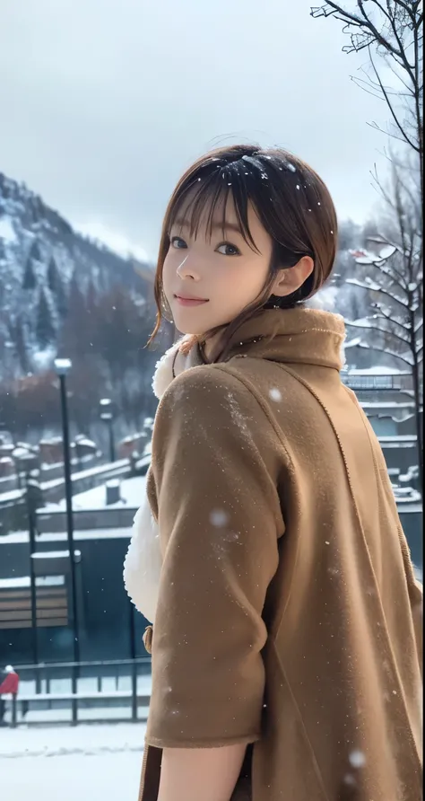 (8k,  RAW photos ,  photorealistic, HQ, masterpiece), Cute Japanese girl,(Shining Eyes), 
( LIGHT SMILE:0.4), Brown Hair,  Fluffy Pixie Bob Hair,  Big Breasts, (Midwinter clothes, muffler , duffle coat,Long skirt with tights and sneakers), 
 standing posit...