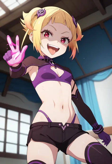 masterpiece, best quality, good quality, newest, CEL, AnFit, red eyes, blonde hair, purple crop top, 1girl, tongue out, black thighhighs, looking at viewer, purple gloves, cowboy shot, short shorts, black shorts, small breasts, highleg panties, hair orname...