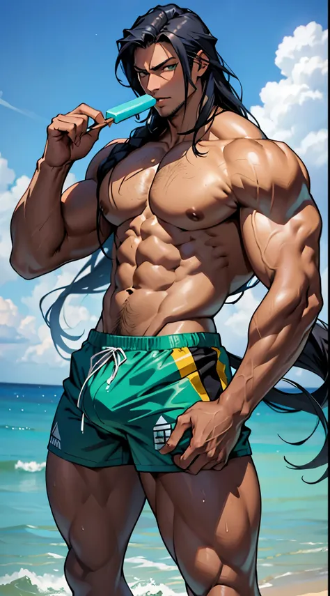 Male anime character, toned muscle body type, tall men, royal blue long hair, bad boy, dark skin, green eyes, Subjective dynamic poses, big bulge, big dick, Shapely legs and a slim waist, Transparent mini cropped shirt, swimwear type g-string, summer back ...