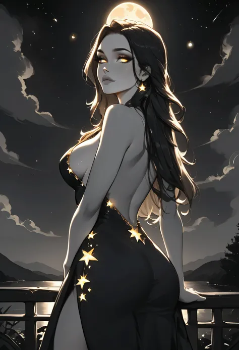 score_9, score_8_up, score_7_up, score_6_up, score_5_up, score_4_up, (black and white art: 1.5) mostly black and white, a picture of a beautiful woman, long hair, wearing black silk dress, with yellow glowing stars on it, backless dress, small cleavage, it...