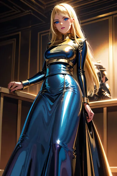  Perfect Anatomy 　  top quality ,  Highest Resolution ,((( metallic latex marching band　Metallic shiny latex long skirt 　 blondes　  blue eyes)))　 adult woman