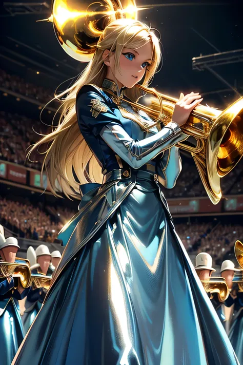  Perfect Anatomy 　  top quality ,  Highest Resolution ,((( Metallic Marching Band　Metallic Shiny Long Skirt 　Shiny Blonde　  blue eyes)))　 adult woman　trumpet