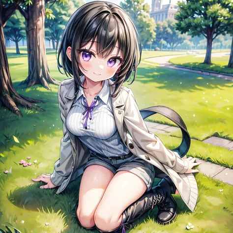 (extremely detailed, 8K resolution, masterpiece, best quality, Moe Art style, safe for work:1.5), 1 cute lady, full body, kneeling on a grass in the park, (shiny black hair shortcuts, shaggy cut):1.4, slender body, (white long-sleeve henley shirt, grey tre...