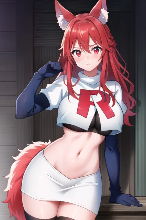 (extremely detailed CG unity 4k wallpaper),(masterpiece),(best quality),(ultra-detailed),(best illustration),(best shadow),(absurdres),(detailed background), Flay, 1girl, animal ears, solo, breasts, tail, long hair, large breasts, fox ears, red eyes, looki...