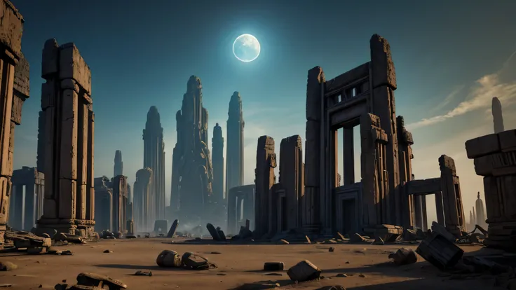 alien ruins:  A desolate planet covered in the ruins of an ancient alien civilization, with exotic and mysterious architecture .