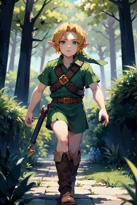Young link , chico, by the ruby, Blue eyes, has, pointy ears , ((blue tunic)), belt, boots, looking at the viewer, outside, Magical forest, extreme detail , hdr, beautiful quality, masterpiece,