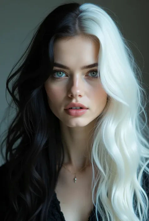 I want photo of a girl with white hair and beautiful black hair