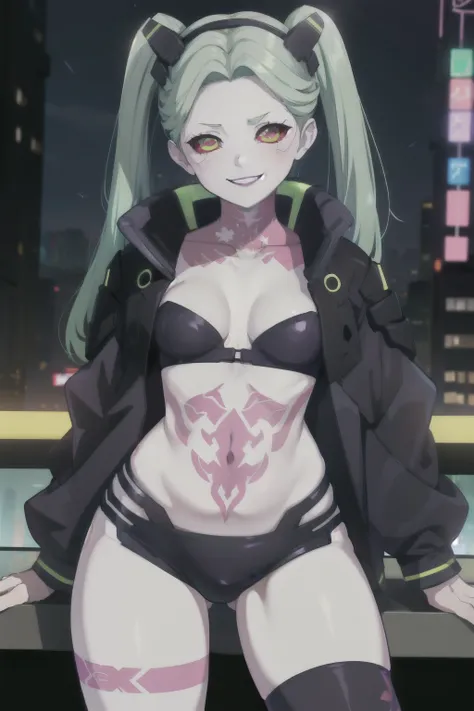 absurdres, highres, ultra detailed, rebecca, , solo, green hair, red sclera, pink tattoo, purple lips, twintails, hairband, headgear, black jacket, open clothes, black bra , looking at viewer, smile smug , city, night sexy . Pantie black  , long socks. 