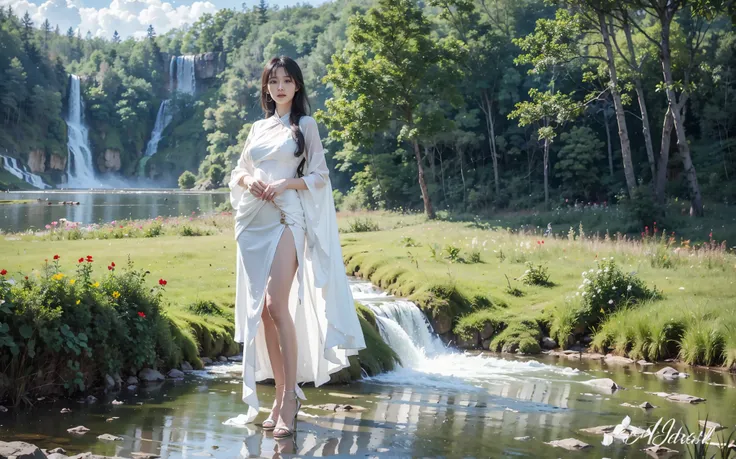 Beautiful Asian woman , white silk dress, forests and waterfalls 