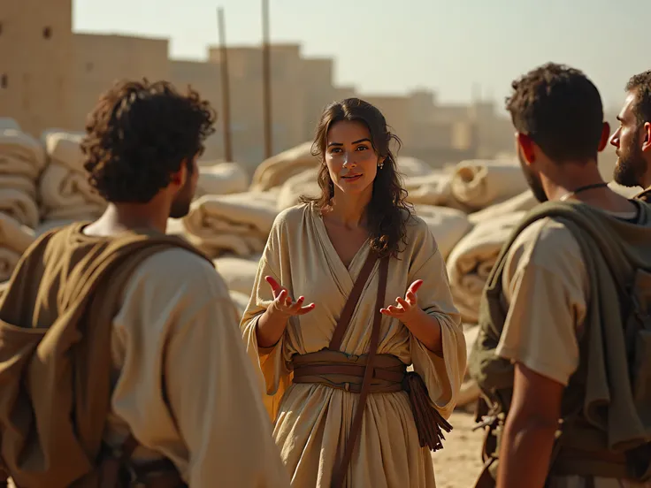  Raabe hiding the spies on the roof of her house , Among linen bundles . Lens In the foreground,  she talks to the kings soldiers with a confident expression,  while gesturing to indicate that the spies have already left .