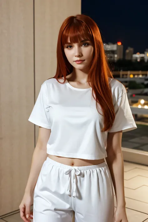 Hot Slavic young woman with long red hair and bangs , wearing white pajamas short sleeve shirt and pants, at night