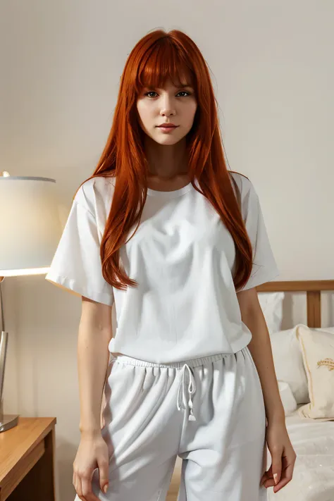 Hot Slavic young woman with long red hair and bangs , wearing white pajamas short sleeve shirt and pants, at night