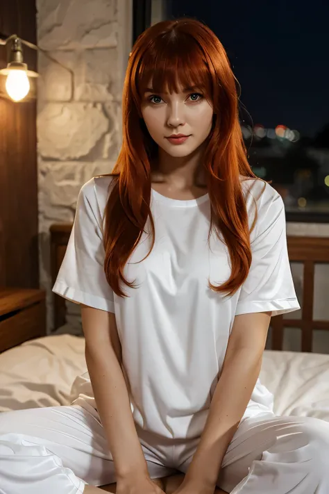 Hot Slavic young woman with long red hair and bangs , wearing white pajamas short sleeve shirt and pants, at night