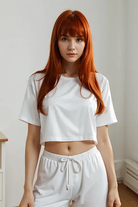 Hot Slavic young woman with long red hair and bangs , wearing white pajamas short sleeve shirt and pants, at night