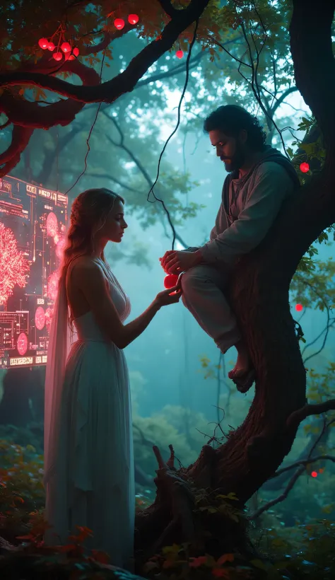 I generated an image of Eve showing a holographic apple coming out of a cell phone screen to Adam in the Tree of Eden, with very red apples as hologram screens, the holograms show extremely complex digital trees on their neon cables. Depth of Field, Tilt B...