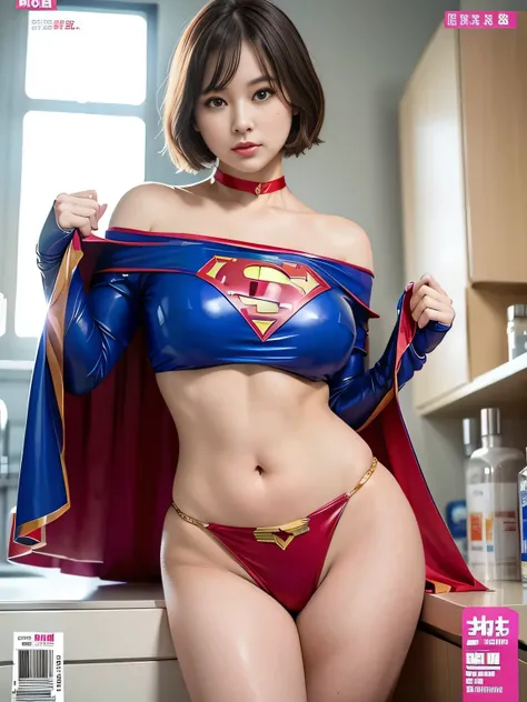 masterpiece、 latex supergirl costume 、 Off Shoulder 、Ultra short hair、 Big and Rich Breasts 、 sweaty and shiny skin 、Look directly into the camera、 choker 、Provocative cleavage、 Long Sleeve 、Cape、Glamorous bare legs、 in front of laboratory equipment in hos...