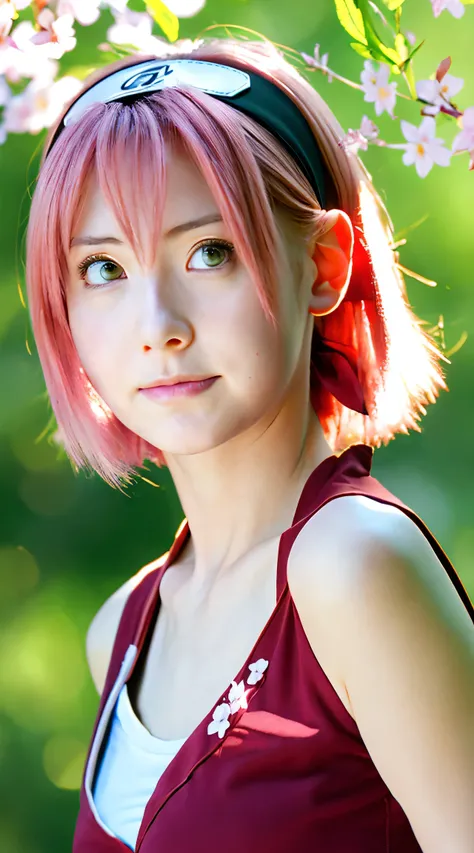 haruno sakura, naruto (series), naruto shippuuden, anime art style, masterpiece, red shirt, shirt, short hair, sleeveless, sleeveless shirt, forehead protector, hairband, konohagakure symbol on hairband, 1girl, solo, bangs, Looking at the Audience, closed ...