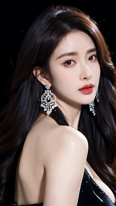 Ultra HD resolution,earrings,Long hair,Black background,Purple backless dress,necklace,H Cup,Showing cleavage,Show more breasts,Amazing breast size,nipple,Expose the areola,Breast enlargement,Smooth and beautiful back,Completely bare back,Cool white skin,B...