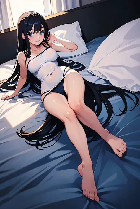 1 lying on bed adult woman, long black hair, blue eyes, medium breasts, blue one piece school swimsuit, naked feet, open smiling face, full body image