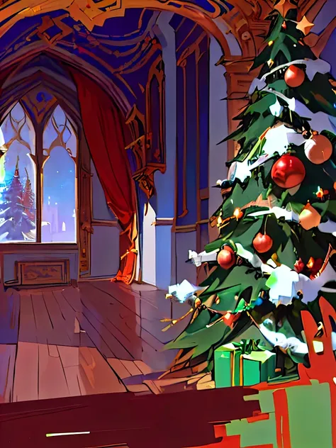 there is a christmas tree with decorations in a room, background art, background artwork, winter concept art, concept art magical highlight, ornate borders + concept art, anime background art, interior background art, concept art!, palace background, conce...