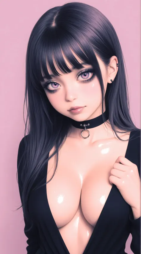 asian high school girl, plunging neckline, cleavage, pastel colors, shiny skin, goth girl, 