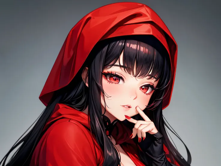 An elegant chubby woman, wearing a red veil covering her eyes, places her fingers on her lips, symbolizing silence. Her nails were long and painted bright red. The background is solid black