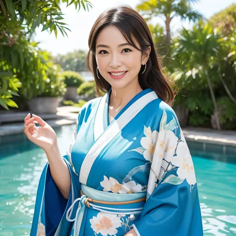 (SeaArt is 、 A beautiful woman is wearing a blue kimono 、 Please create an amazing photorealistic image )、 whole body、Approximately 50 years old 、 A beautiful woman smiling and showing white teeth like a brightly colored Japanese photo 、 long brown hair 、美...