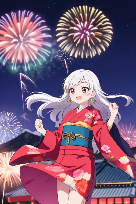 「The 23-year-old female character 。 The long white hair is inspired by herons 、 is lightly fluttering in the wind 。 The clothes have a modern Japanese design based on blue and gold, and 、 Wear a gorgeous kimono-style dress delicately embroidered with how f...