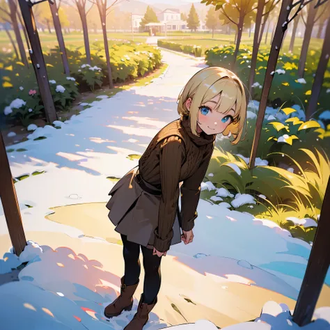 ( High Quality ,  high res, Very detailed, reality:1.37), Peaceful atmosphere, (Outdoor, garden ,snow),  teenage girl standing alone, Beautiful details,  cute smile, (Blonde Bob ), Ribbed sweater,Brown skirt,  black tights ,  brown boots .