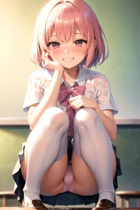 (unity 8k wallpaper, crisp quality, extremely detailed CG, ultra quality, ultra-high-resolution, anime screencap), masterpiece, ((little, ultra cute kawaii:1.4)), (from below), (petite loli), ((grin, blush, embarrassed)), (pink medium bob hair), looking at...