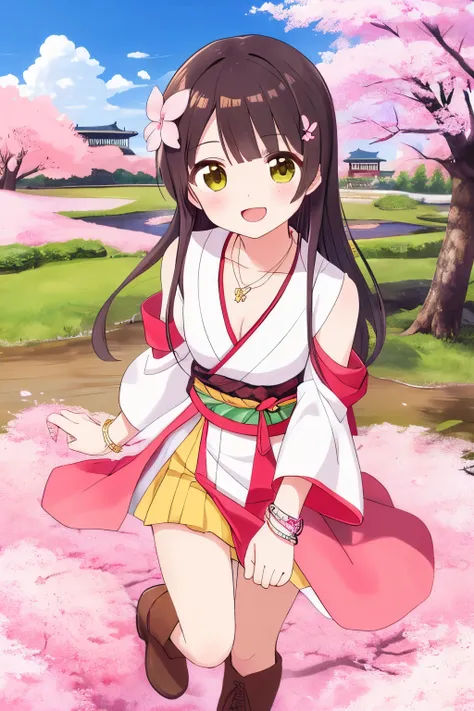 「The 16-year-old female character 。 semi-long hair with a light cherry blossom gradation on the black hair、 wears a hair ornament with a spring orchid motif 。 The outfit is a dress based on green and brown, and 、 A natural design inspired by Akamatsu 。 hav...