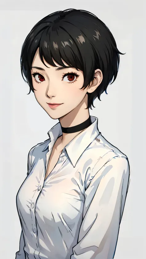 1girl, smile, tomboy Pixie haircut, very Short hair, black hair, black choker, white shirt, face portrait focus, joyfull smile, red eyes