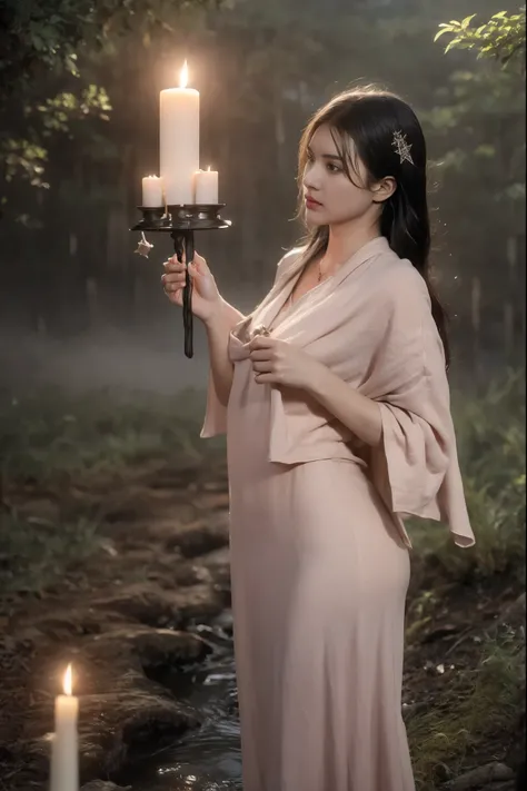 (masterpiece, best quality:1.2, 8k RAW photo, cinematic, high detailed photograph, natural soft lighting, photorealistic, realistic, mystic atmosphere), (((bare naked, fully nude))), a full body photograph of a young beautiful female forest witch with medi...