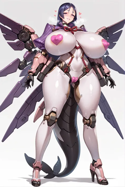 Minamoto-no-Raikou,milf,mature woman,gigantic huge girl:1.3,(((gigantic huge busty:1.2,front view,))),purple eyes,looking viewer,smug,sadistic,parted lips,tight-fitting,glamorous,erect nipples,covered nipples,(,purple latex,mecha shoulder,mecha wings,robot...