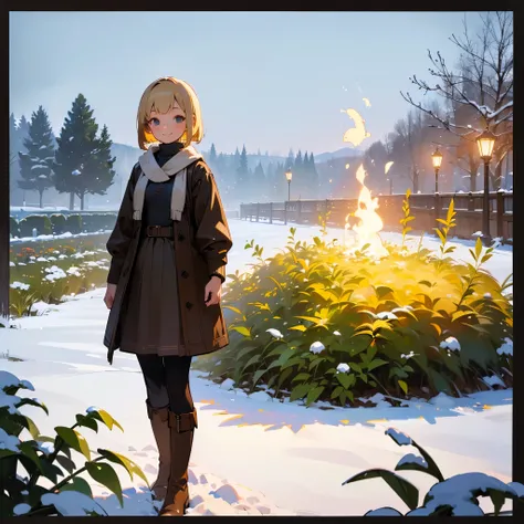 ( High Quality ,  high res, Very detailed, reality:1.37), Peaceful atmosphere, (Outdoor, garden ,snow),  teenage girl standing alone, Beautiful details,  cute smile, (Blonde Bob ), Ribbed sweater,Brown skirt,  black tights ,  brown boots .