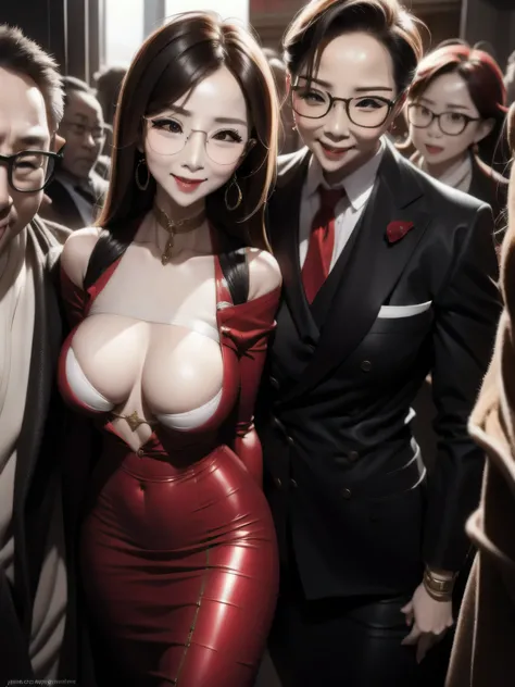 A beautiful woman wearing revealing skirt suit, her elderly husband hugged and kissed her from behind in the crowded crowd, UHD, masterpiece, textured skin, super detail, best quality, 8k.