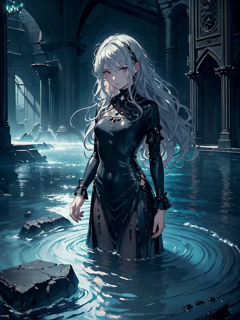 ((DARK FANTASY COLORING, DARK COLOR PALETTE, SORROW LIGHTING))
((masterpiece, best quality)), (1girl, anime girl in the water ruins),(mature), (solo), (female focus, water element), (silver hair, wavy hair, long hair),brown eyes, ((black dress, elbow bisho...