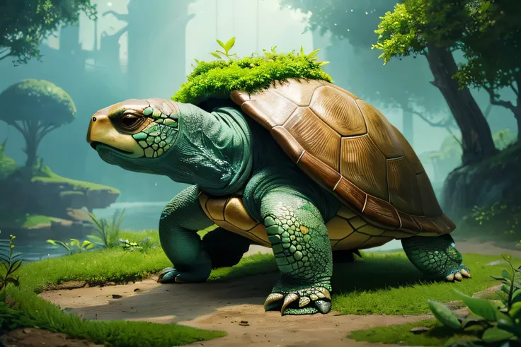 There is a turtle sitting on a green plant, A turtle carrying the world ,  EXQUISITE DIGITAL ART, Highly detailed illustration ,  Isometric 3D Fantasy Turtle, Kerem Couplet,  highly detailed digital art,  EXQUISITE DIGITAL ARTwork, Kelenbeit,  high definit...