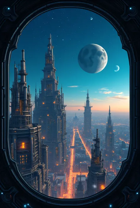  Large Central Steampunk City ,  starry night scene with two small moons and a planetoid in the background, cyberpunk drawing style ,    point of view through a space window 