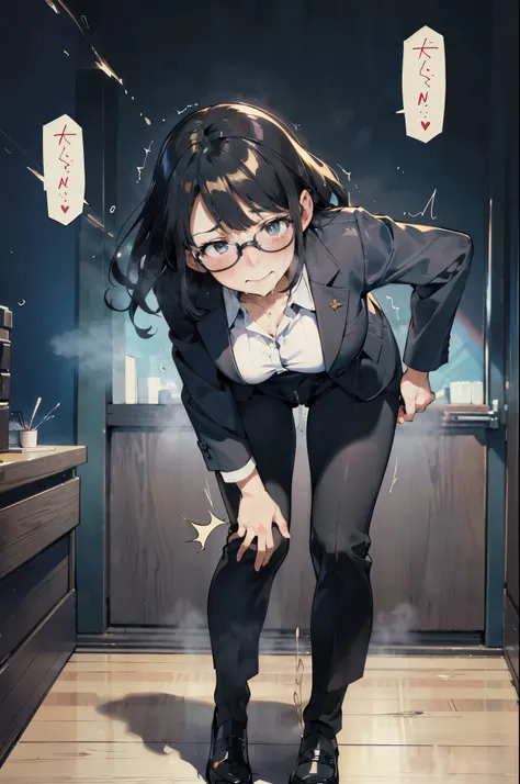 anime - style illustration of a woman in a business formal long pantsuit, anime character, official character art, full body, female anime girl, (black hair:1.5), glasses, cameltoe, (leaning forward:1.5), looking at viewer, (Trembling With Sexual Climax:1....