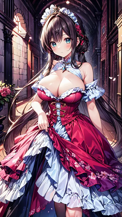  Medieval Europe, Lady,  Floral Crinoline Hoop Skirt, red petticoat dress ,  big breasts, hyper detailed beautiful eyes,  hair ornament, Fluffy, 