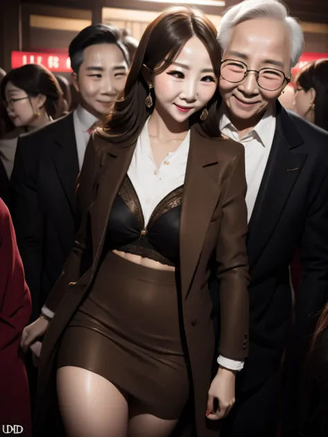 A beautiful woman wearing revealing skirt suit, her elderly husband hugged and kissed her from behind in the crowded crowd, UHD, masterpiece, textured skin, super detail, best quality, 8k.