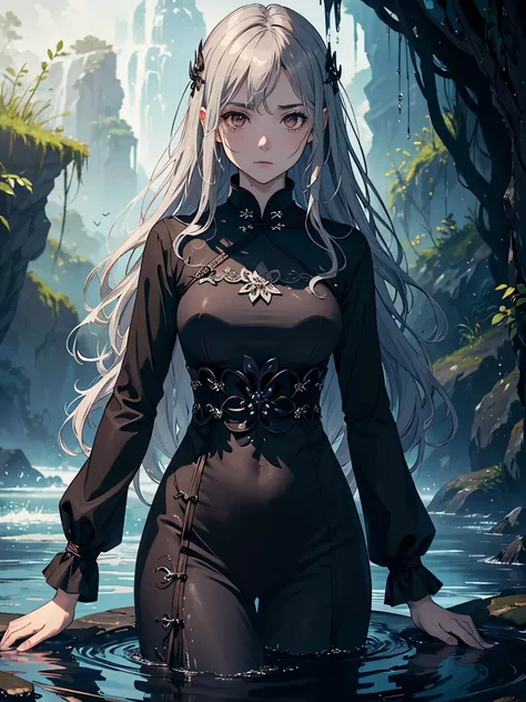 ((DARK FANTASY COLORING, DARK COLOR PALETTE, SORROW LIGHTING))
((masterpiece, best quality)), (1girl, anime girl in the field of dream, drenched lush cave),(mature), (solo), (female focus, brown eyes girl, water element), (silver hair, wavy hair, long hair...