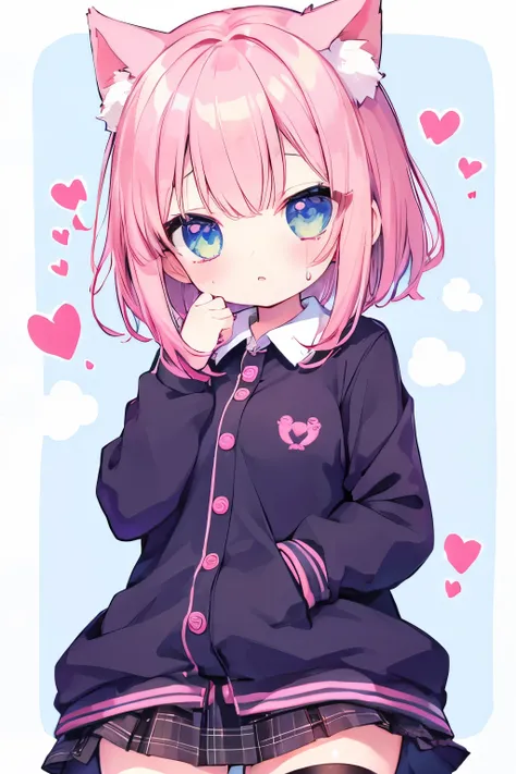    oversized jacket  、 pink hair、- Shortcut hair  、 Wearing a collar 、  elementary school girl、,首輪とリードをつけた  elementary school girl、So beautiful、輝く瞳 、輝く瞳、   1 girl、 small breasts、Cat ears   elementary school girl、So beautiful、輝く瞳 、輝く瞳、1 person、cat ears、((((...