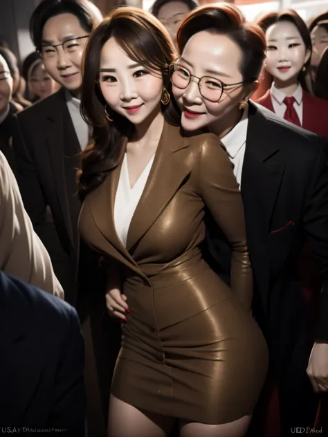 A beautiful woman wearing revealing skirt suit, her elderly husband hugged and kissed her from behind in the crowded crowd, UHD, masterpiece, textured skin, super detail, best quality, 8k.