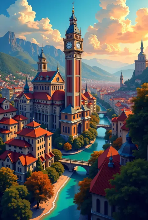  A close up of a painting of a city with a clock tower.,  an ultra-thin and detailed painting by Tomek Setowski ,  winner of the cg , maximalism, dmt city, fantasy cityscape, Magic City ,  extensive detailed and layered city ,  beautiful detailed pixel art...